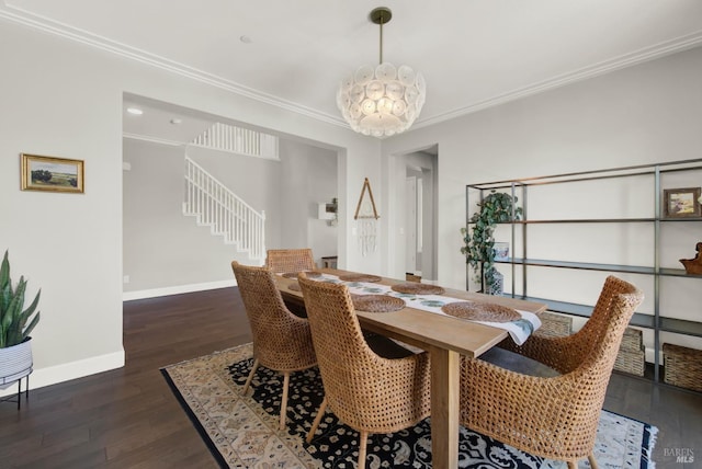 dining area featuring a notable chandelier, crown molding, stairway, dark wood-type flooring, and baseboards