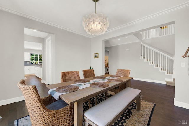 dining space featuring an inviting chandelier, stairs, baseboards, and dark wood-style flooring