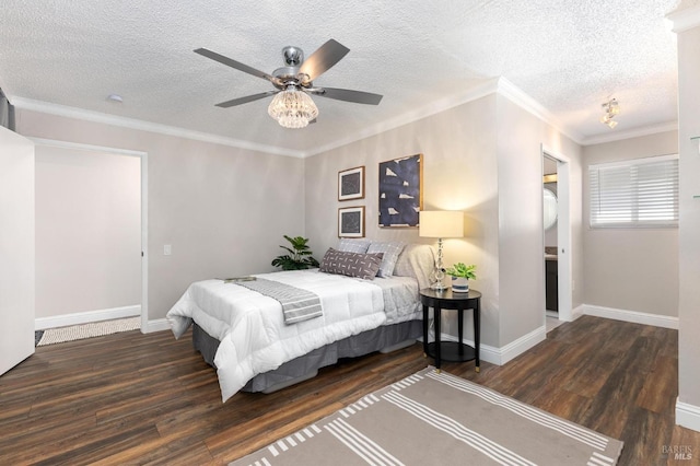 bedroom with baseboards, wood finished floors, a ceiling fan, and crown molding