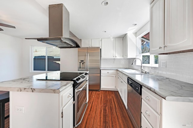 kitchen featuring a center island, island exhaust hood, appliances with stainless steel finishes, dark wood-type flooring, and a sink