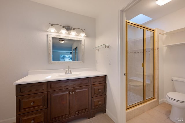 bathroom featuring vanity, a shower stall, toilet, and tile patterned floors