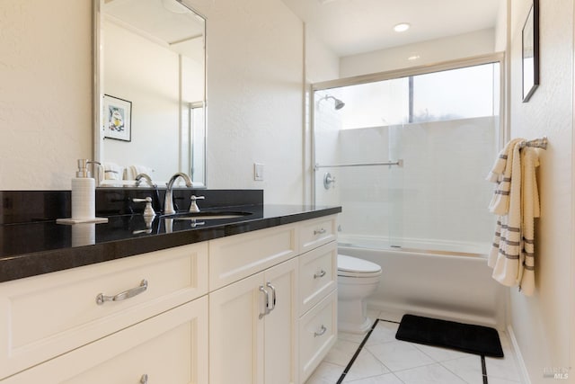 full bathroom featuring toilet, tile patterned flooring, bath / shower combo with glass door, and vanity