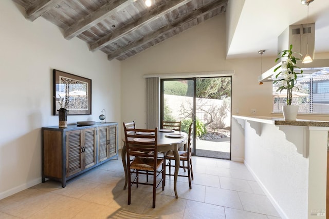 dining space featuring wooden ceiling, vaulted ceiling with beams, baseboards, and light tile patterned floors