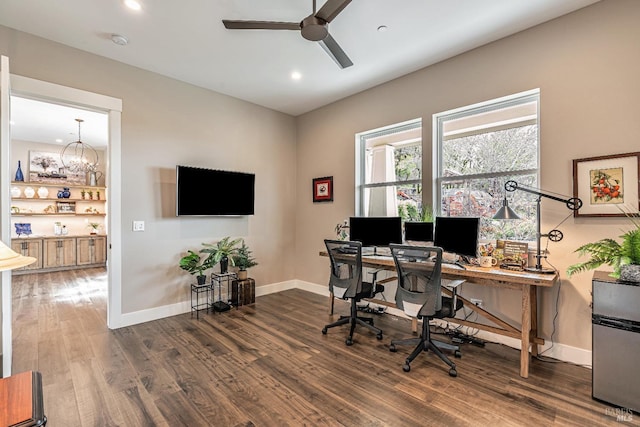office area with dark wood finished floors, baseboards, a ceiling fan, and recessed lighting