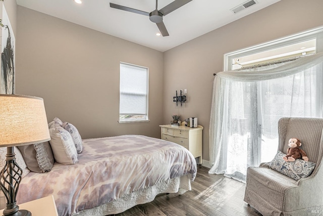 office with recessed lighting, dark wood finished floors, baseboards, and ceiling fan with notable chandelier
