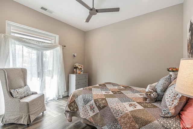 bedroom with a ceiling fan, visible vents, recessed lighting, and a closet