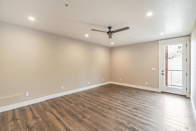 unfurnished living room featuring ceiling fan, baseboards, dark wood-type flooring, and recessed lighting