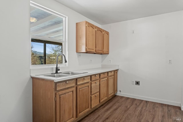 kitchen featuring light countertops, backsplash, a sink, wood finished floors, and baseboards