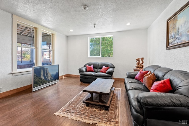 living area featuring a textured ceiling, baseboards, wood finished floors, and a textured wall