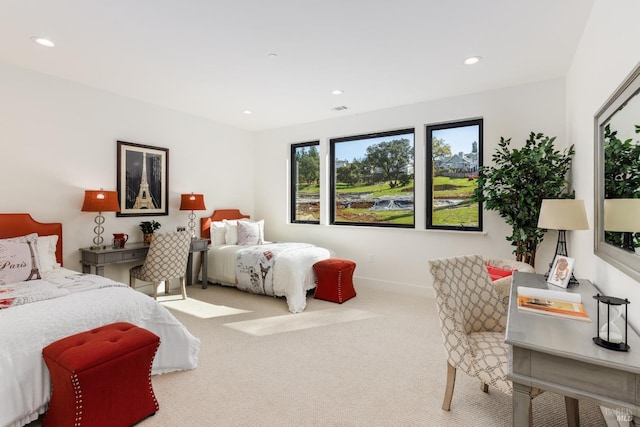 carpeted bedroom featuring visible vents, recessed lighting, and baseboards