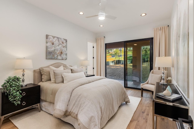 bedroom featuring recessed lighting, light wood-style flooring, ceiling fan, and access to outside