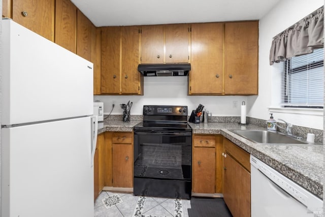 kitchen with white appliances, brown cabinets, a sink, and under cabinet range hood