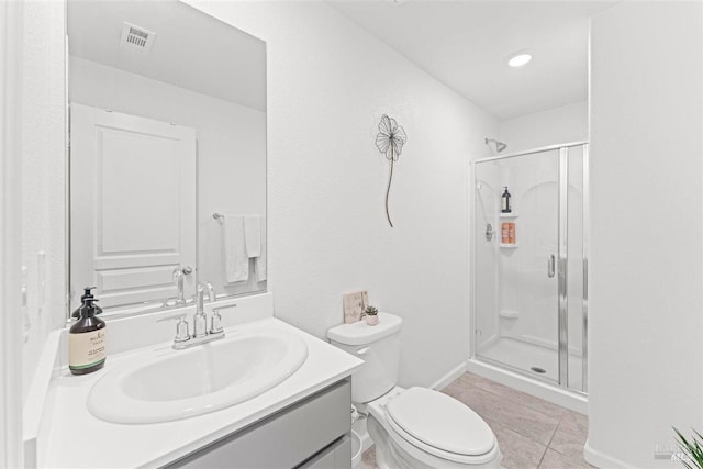 full bathroom featuring vanity, tile patterned floors, toilet, a shower stall, and visible vents