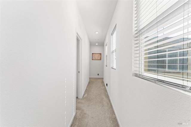 hall featuring baseboards, recessed lighting, and light carpet