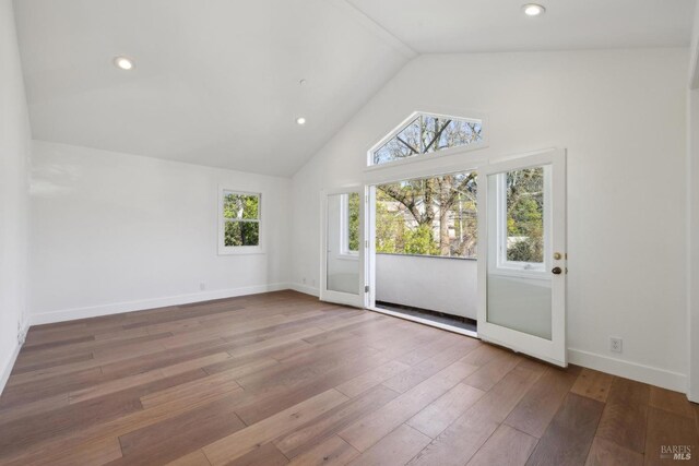 1211 Grand Ave, San Rafael, CA 94901 - spare room featuring high vaulted ceiling, wood-type flooring, baseboards, and recessed lighting