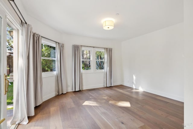 empty room featuring a wealth of natural light, baseboards, and wood finished floors