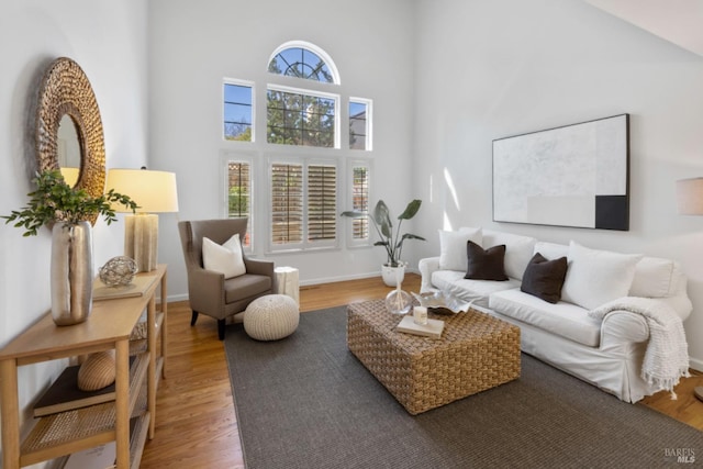 living area featuring a towering ceiling, plenty of natural light, and wood finished floors