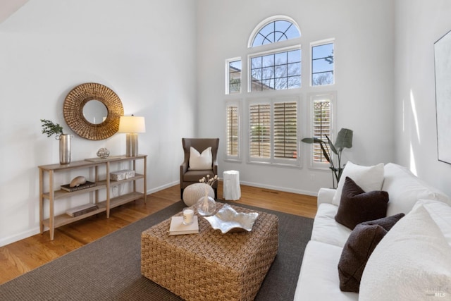 living area featuring plenty of natural light, a high ceiling, and wood finished floors