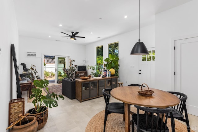 dining area featuring a wealth of natural light, ceiling fan, and recessed lighting