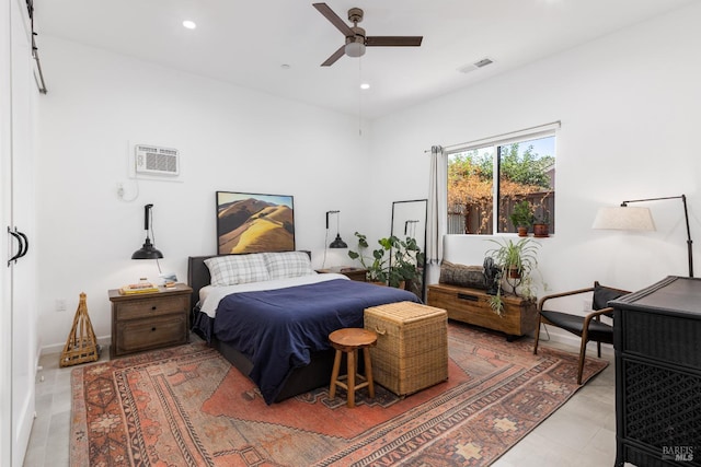 bedroom with a ceiling fan, recessed lighting, and visible vents