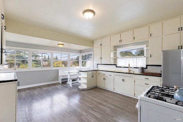 kitchen featuring open shelves, a healthy amount of sunlight, gas range gas stove, and fridge