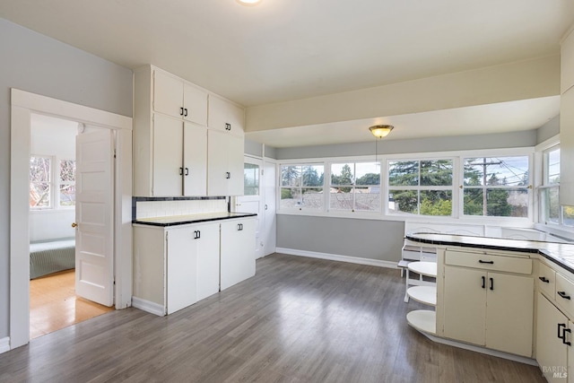 kitchen with tasteful backsplash, baseboards, radiator heating unit, wood finished floors, and open shelves