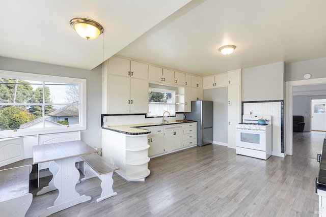 kitchen featuring a sink, light wood-style flooring, gas range gas stove, and freestanding refrigerator