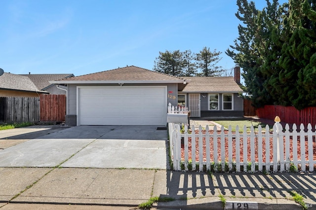 single story home with a fenced front yard, an attached garage, concrete driveway, and a chimney