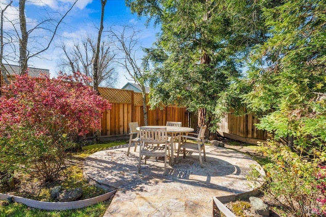 view of patio with outdoor dining space and a fenced backyard