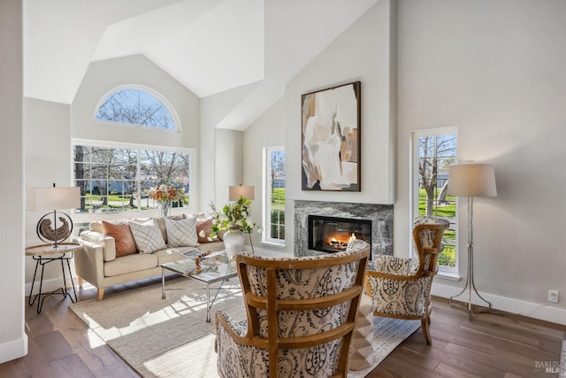 living area with baseboards, a high end fireplace, wood finished floors, and high vaulted ceiling