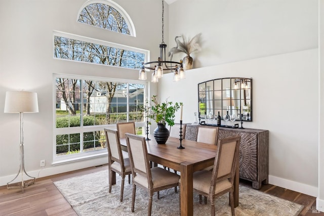 dining room featuring a notable chandelier, plenty of natural light, a towering ceiling, and wood finished floors