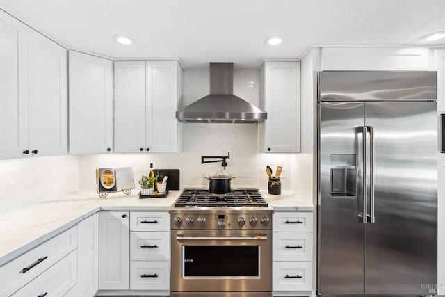 kitchen featuring white cabinetry, backsplash, wall chimney exhaust hood, and high quality appliances