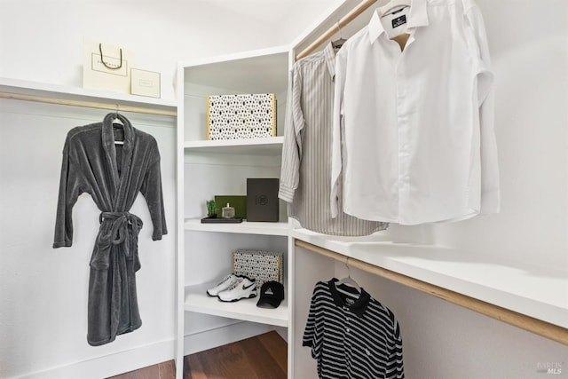 walk in closet with wood finished floors