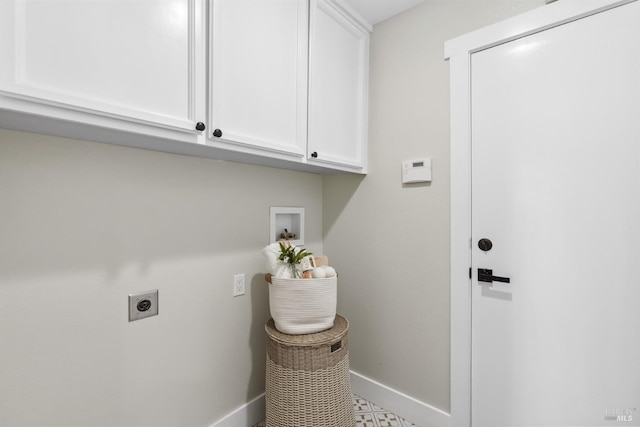 laundry room featuring baseboards, washer hookup, cabinet space, and hookup for an electric dryer