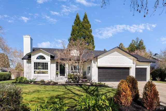 ranch-style house featuring a garage, concrete driveway, a chimney, fence, and a front lawn