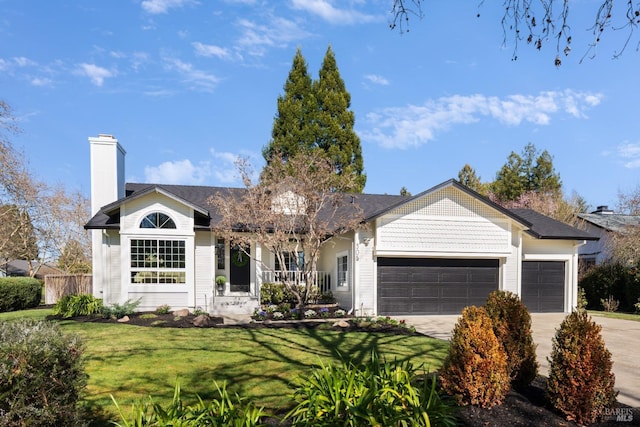ranch-style home featuring a chimney, concrete driveway, a porch, a front yard, and a garage