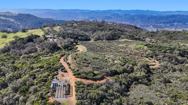 birds eye view of property with a mountain view and a forest view