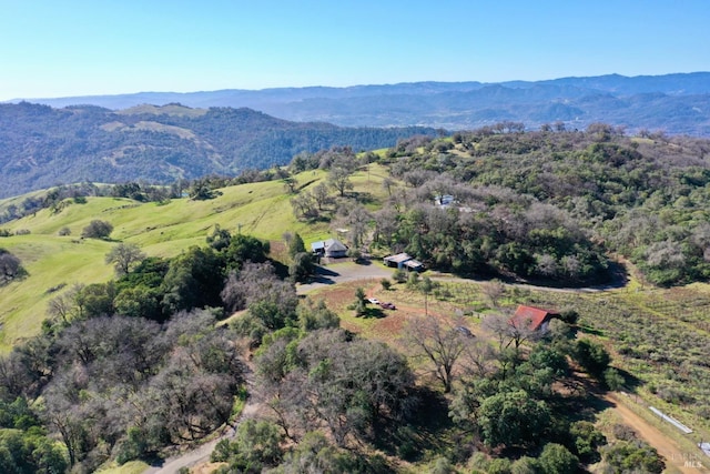 aerial view with a mountain view and a wooded view