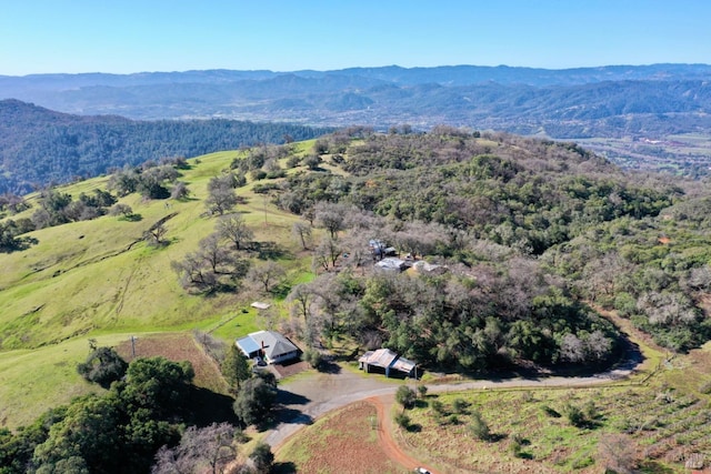 bird's eye view with a forest view and a mountain view