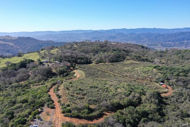 birds eye view of property with a mountain view and a forest view