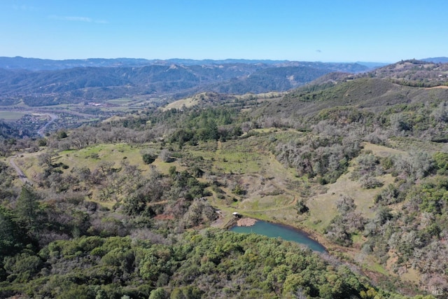 bird's eye view with a forest view and a water and mountain view