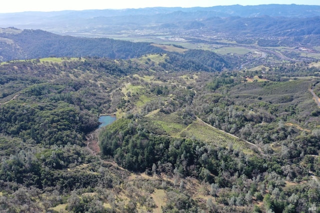 birds eye view of property featuring a wooded view and a mountain view