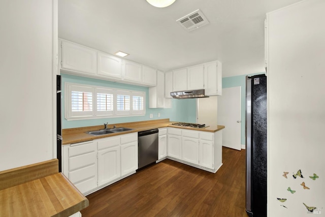 kitchen featuring visible vents, white cabinets, appliances with stainless steel finishes, under cabinet range hood, and a sink