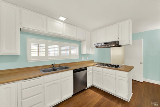 kitchen featuring stainless steel appliances, a sink, white cabinetry, and under cabinet range hood