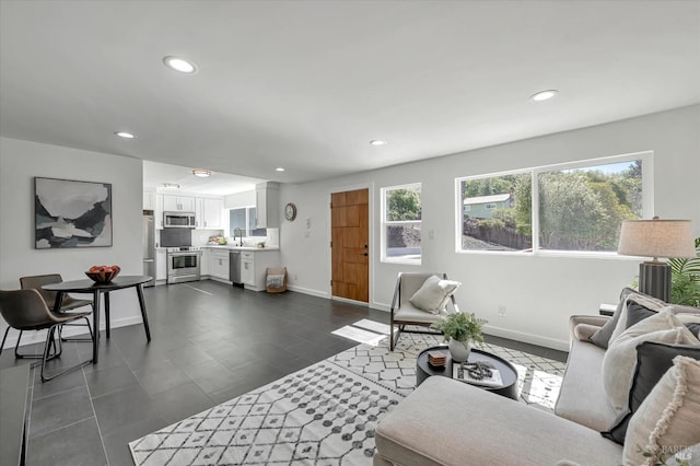 living area featuring a healthy amount of sunlight, baseboards, and recessed lighting