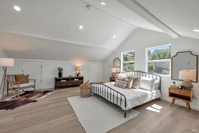 bedroom with light wood-style floors, recessed lighting, lofted ceiling with beams, and baseboards