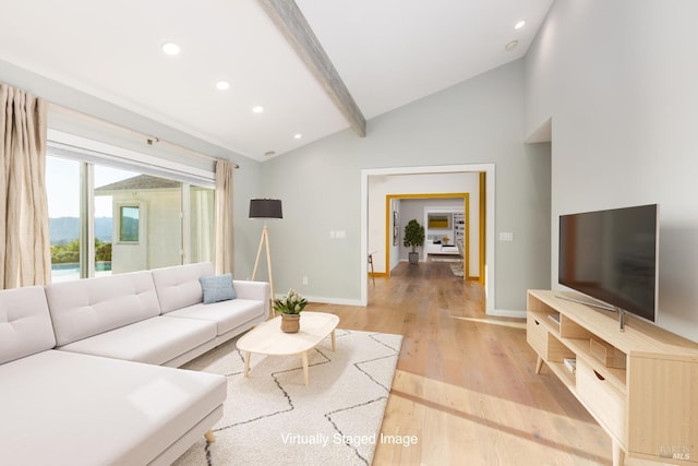 living room with beam ceiling, recessed lighting, light wood-style flooring, high vaulted ceiling, and baseboards