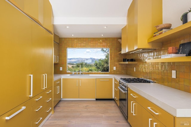 kitchen with decorative backsplash, light countertops, high end stove, open shelves, and a sink