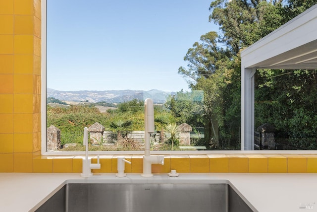 exterior details with a sink and a mountain view