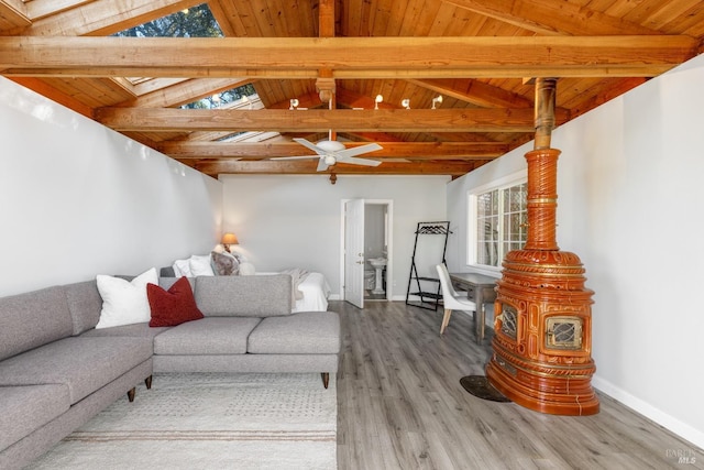 living area with vaulted ceiling with skylight, baseboards, wood ceiling, ceiling fan, and wood finished floors